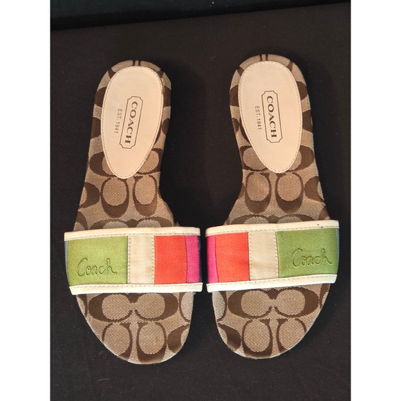 Coach Paula Slides Sandals Canvas Signature Logo Stripe Multicolor 7.5M - Picture 1 of 8